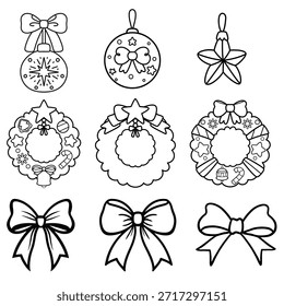 A collection of nine black and white vector outlines featuring festive wreaths, star ornaments, holiday baubles, and decorative bows. Great for holiday coloring pages and seasonal craft designs.