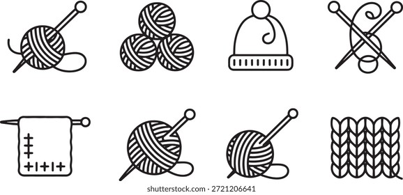 Coleção de nove ícones de vetor preto e branco que retratam materiais de tricô e artesanato bolas de fio