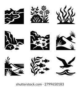 A collection of nine black and white vector icons depicting various coastal and marine environments, including waves, flora, fauna, and rocky landscapes.