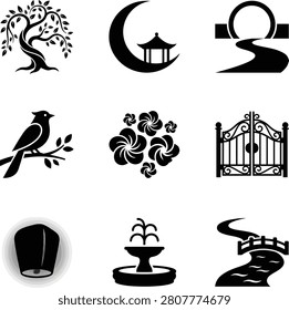A collection of nine black and white vector icons representing nature, architecture, and garden elements in a minimalist style.
