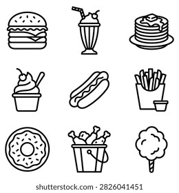 A collection of nine black and white vector icons depicting various fast food items including a hamburger, milkshake, pancakes, hotdog, and fried chicken.