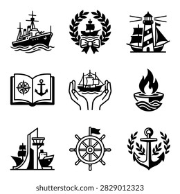 A collection of nine black and white vector icons depicting various nautical elements and maritime symbols for design use.