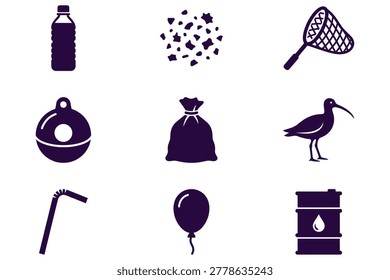 Collection of nine black-and-white vector icons symbolizing sustainability and environmental conservation, including water bottle, recycling, bird, and oil barrel for eco-friendly branding and corporate