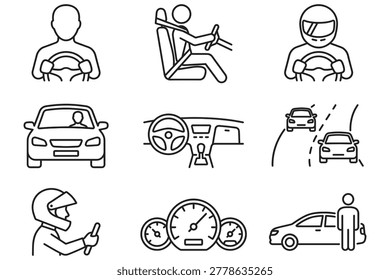 Collection of nine blackline vector icons depicting car driver safety concepts including steering wheel, dashboard, racing helmet, and vehicle crash illustration for automotive design and educational