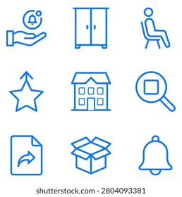 A collection of nine blue line icons representing various home services, assistance, and common objects, all set against a white backdrop.