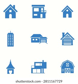 Collection of nine blue vector icons representing different types of residential and commercial buildings, including houses, a skyscraper, and a barn.