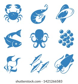 Collection of nine blue vector seafood icons.