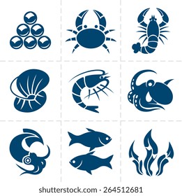 Collection of nine blue vector seafood icons.