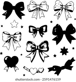 A collection of nine bow tie illustrations with varying styles, along with stars and hearts, in black and white.