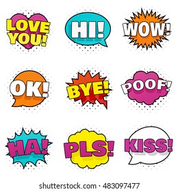 Collection of nine bright colorful stickers. Pop art speech bubbles. Comic book style. Vector, isolated, eps 10.