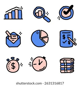 Collection of nine business icons including bar graph, magnifying glass, check mark, envelope, pie chart, document, stopwatch, clock, and stack.