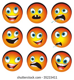 Collection of nine cartoon funny faces on white background.