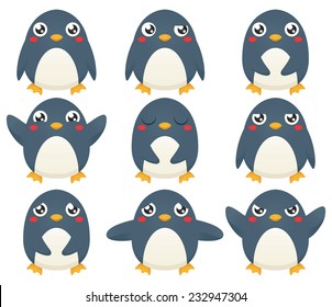 A collection of nine cartoon penguin characters expression different emotions. Eps 10 Vector.