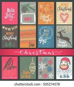 Collection of nine Christmas cards. Greeting card set with hand drawn xmas tree, presents, snowflakes, deers, balls, bells. Includes holiday handwritten lettering. Colorful vector set.