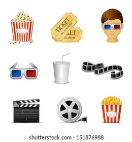 Collection of nine cinema icons isolated on white background, illustration.