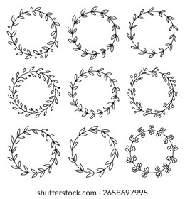 Una colección de nueve bordes florales y frondosos circulares dibujados en un estilo de contorno negro simple sobre un fondo blanco.