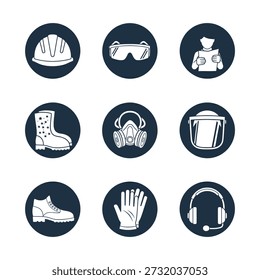 A collection of nine circular icons representing various personal protective equipment (PPE) items used in industrial and hazardous environments.