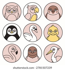 A collection of nine circular illustrations featuring various cartoon birds with sleepy or tired expressions. Includes owl, parrot, sparrow, penguin, swan, duckling, flamingo, pigeon, and stork.