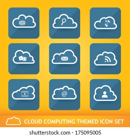 Collection of nine cloud network themed icons
