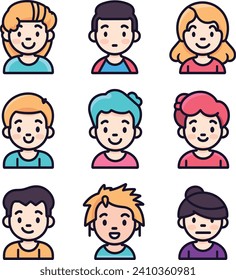 A collection of nine colorful cartoon avatars representing diverse people in a vector illustration.