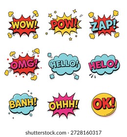 Uma coleção de nove bolhas de fala coloridas no estilo de quadrinhos, com várias palavras onomatopeias e exclamações como "WOW!", "POW!", "ZAP!", "OMG!", "HELLO!", "BANH!", "OHHH!" e "OK!".