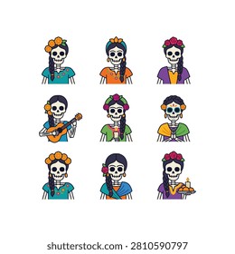 A collection of nine colorful Dia de los Muertos sugar skull characters, each with unique floral headpieces and traditional Mexican attire.