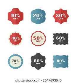 Collection de neuf étiquettes de vente à prix réduit colorées avec pourcentage de réduction isolées sur fond blanc