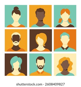 Collection of nine colorful faces of men and women with different hairstyles. Vector avatars of different people, social network profiles
