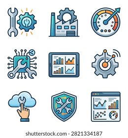 A collection of nine colorful flat design icons representing industrial manufacturing, data analytics, cloud computing, cybersecurity, and mechanical maintenance.