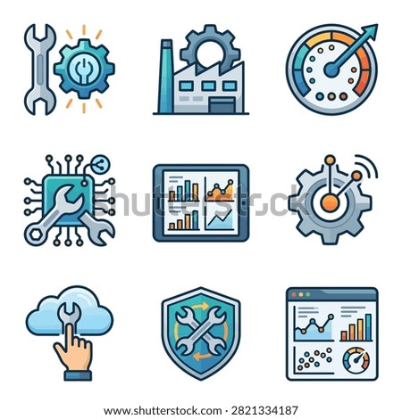 A collection of nine colorful flat design icons representing industrial manufacturing, data analytics, cloud computing, cybersecurity, and mechanical maintenance.