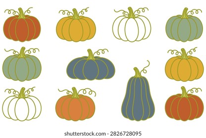 A collection of nine colorful flat vector pumpkins in various shades of orange, yellow, blue, green, and white, arranged in a grid on a white background.