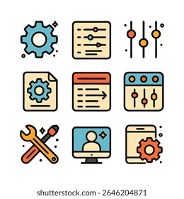 A collection of nine colorful icons representing technology, settings, and tools, including gears, sliders, and a wrench.