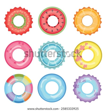 A collection of nine colorful inflatable pool floats in various designs, including fruit patterns like watermelon and kiwi, transparent styles, and floral decorations. Ideal for summer-themed designs
