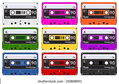 Collection of nine colorful plastic audio cassette tape. Set of different color music tapes. old technology, realistic retro design, vector art image illustration, isolated on white background eps10