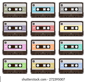 Collection of nine colorful plastic audio cassette tape. Set of different pastel color music tapes. old technology, realistic retro design, vector art image illustration, isolated on white background