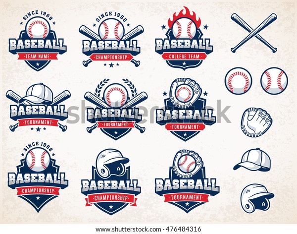 Collection of\
nine colorful Vector Baseball logo and insignias, presented with a\
set of baseball equipment\
illustrations