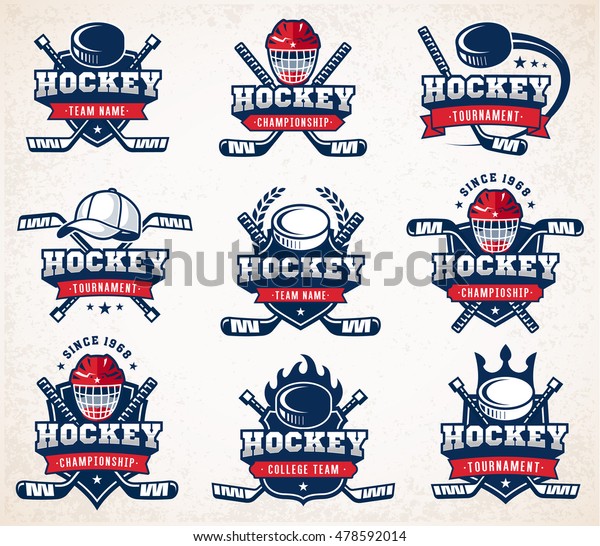 Collection of nine colorful Vector Hockey logo\
and insignias, organized with\
layers.