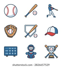A collection of nine colorful vector icons representing baseball equipment including a ball, bat, player, glove, home plate, cap, scoreboard, catcher gear, and trophy.