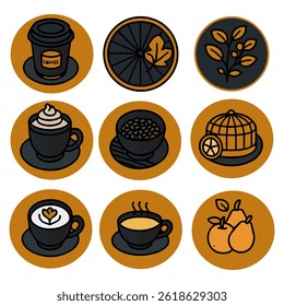Collection of nine cozy autumn coffee icons. Includes cups, beverages, coffee beans, and decorative items like fruits and leaves on warm backgrounds, ideal for seasonal themes and beverage-related
