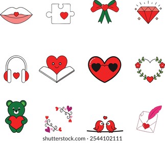 A collection of nine cute and colorful Valentines Day icons featuring hearts, a teddy bear, birds, a diamond, and more.