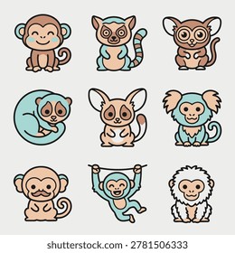 A collection of nine cute, stylized cartoon primates including monkeys, lemurs, and other small animals. Perfect for children's themes, educational content, and playful designs.