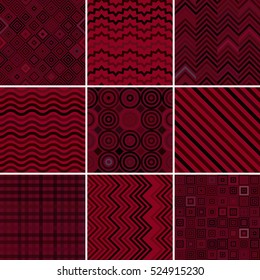 Collection of nine dark red geometric backgrounds,  vector illustration