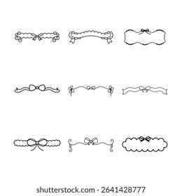 A collection of nine decorative ribbon banners and frames, all featuring bows, presented in a clean, black and white line art style.