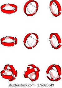 collection of nine diagrams of a simple detached house with red arrows rotating around the house