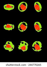collection of nine diagrams of a simple detached house with green arrows rotating around the house