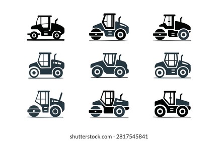 Collection of nine different asphalt compactor icons representing various designs and styles for construction projects