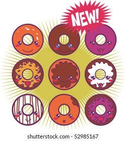 Collection of nine different doughnuts with cute expressions