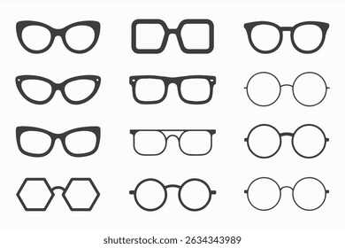 Collection of nine different eyeglass frames in black silhouette. Includes cat eye, round, square, and hexagonal styles on a white background.