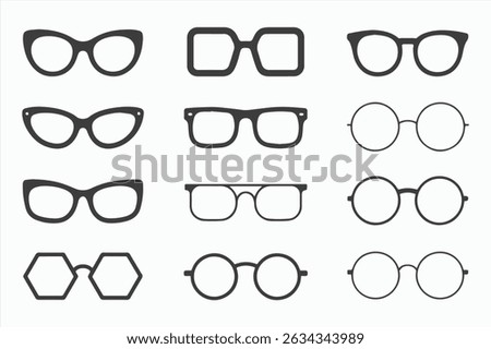 Collection of nine different eyeglass frames in black silhouette. Includes cat eye, round, square, and hexagonal styles on a white background.
