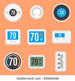 Collection Of Nine Different, Flat Thermostat Icons. Vector, Eps10.